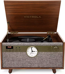 Victrola VTA-830SB Century with clock, music center turntable, CD/cassette/BT, walnu