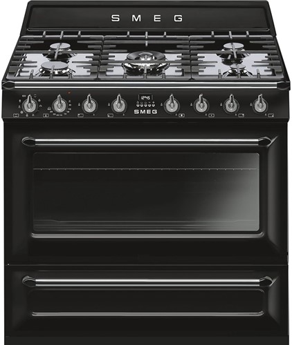 SMEG TR90BL9 Fornuis 90 x 60 x 90 - 5 branders gas - 1 oven multifunctie - energieklasse A + opberglade - zwart - Victoria