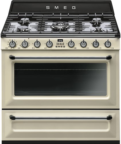 SMEG TR90P9 Fornuis 90 x 60 x 90 - 5 branders gas - 1 oven multifunctie - energieklasse A + opberglade - crème - Victoria