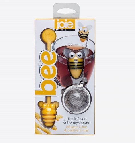Joie Bee thee infuser uit rvs en honinglepel geel bij