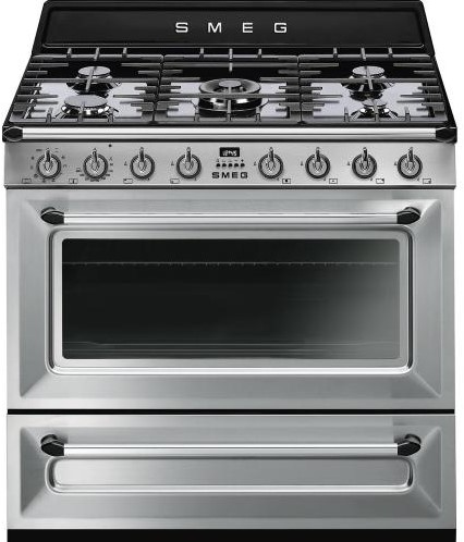 SMEG TR90X9-1 Fornuis 90 x 60 x 90 - 5 branders gas - 1 oven multifunctie - energieklasse A + opberglade - inox - zwarte kookplaat  - Victoria