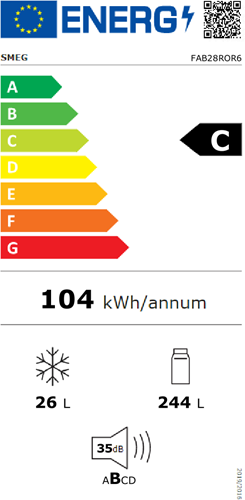 Smeg FAB28ROR6 Koelkast/vriesvak - 244L + 26L - energieklasse C - jaren '50 - scharnieren rechts - oranje