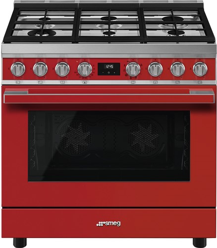 Smeg CPF9GMR1 Fornuis 90 x 60  - 6 branders gas - oven multifunctie - energieklasse A - vapor clean reiniging - rood