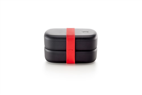 Lékué Dubbele lunchbox uit kunststof met silicone band zwart en rood 1L
