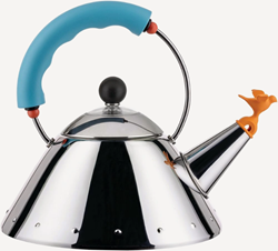 Alessi  Kettle in 18/10 stainless steel mirror polished with handle and small bird-shaped whistle in PA, light blue. Magnetic steel bottom suitable for induction cooking.