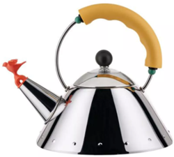 Alessi  Kettle in 18/10 stainless steel mirror polished with handle and small bird-shaped whistle in PA, yellow. Magnetic steel bottom suitable for induction cooking.