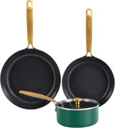 Combekk Cookware 4-delige set (22+26cm Pan + 16cm sauspan met deksel) Gerecycleerd Aluminium Keramisch - Element Expert Holly Green