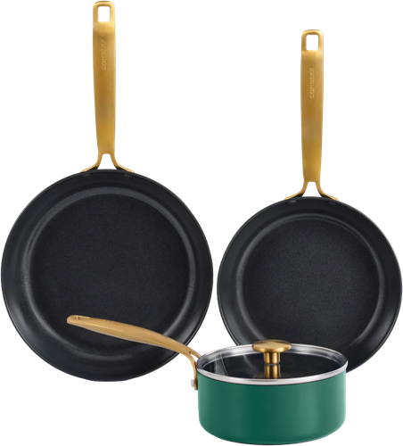 Combekk Cookware 4-delige set (22+26cm Pan + 16cm sauspan met deksel) Gerecycleerd Aluminium Keramisch - Element Expert Holly Green