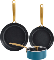 Combekk Cookware 4-delige set (22+26cm Pan + 16cm sauspan met deksel) Gerecycleerd Aluminium Keramisch - Element Expert Ocean Blue Gold