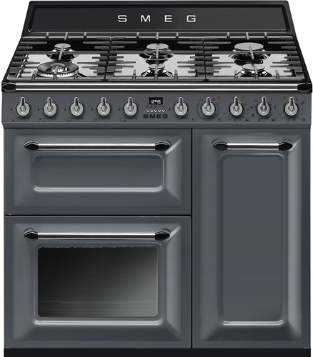 SMEG TR93GR Fornuis 90 x 60 x 90 - 6 branders gas - 2 ovens multifunctie - energieklasse A + grill-oven - leigrijs